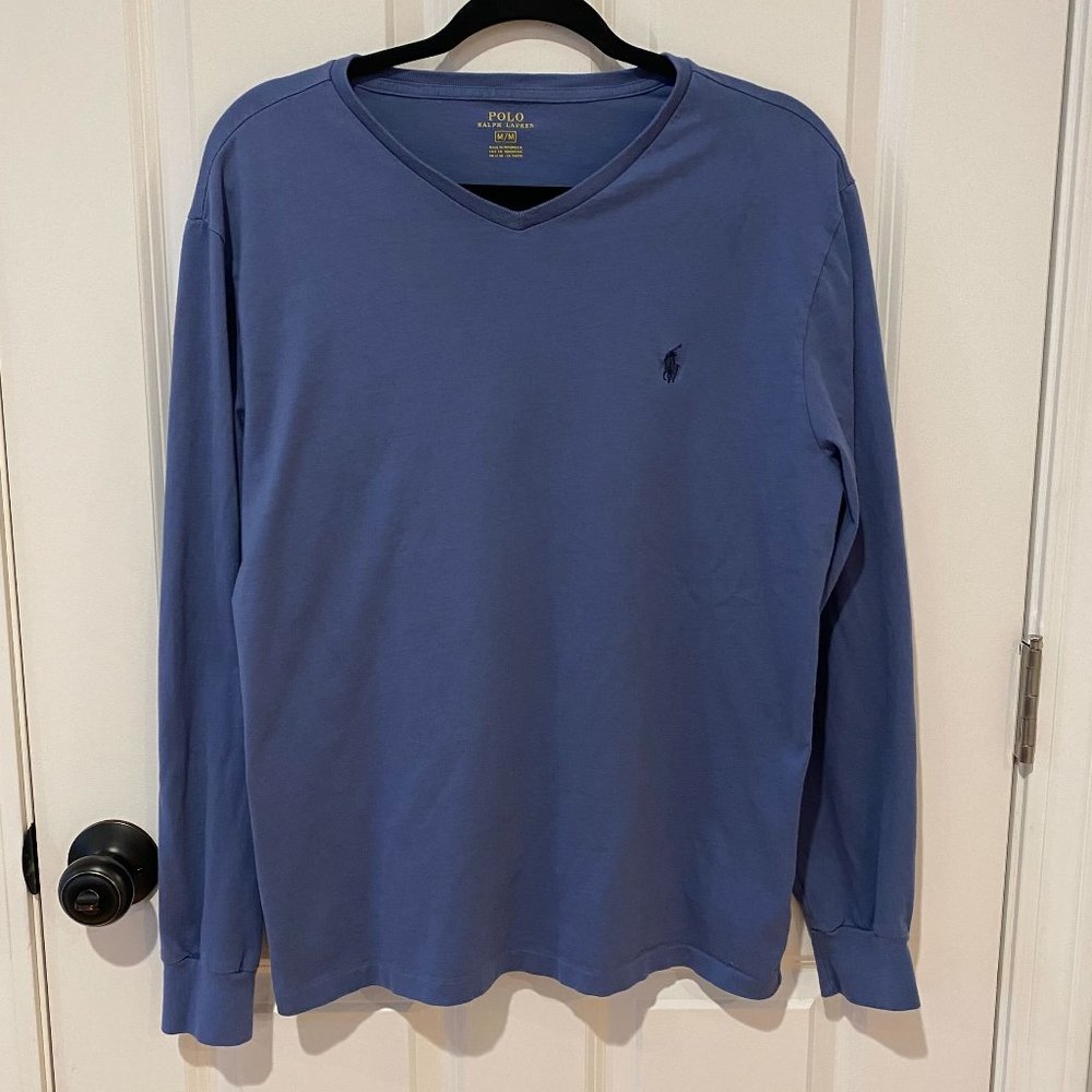 Blue Long Sleeve V‎ Neck Ralph Lauren T Shirt - Size Medium